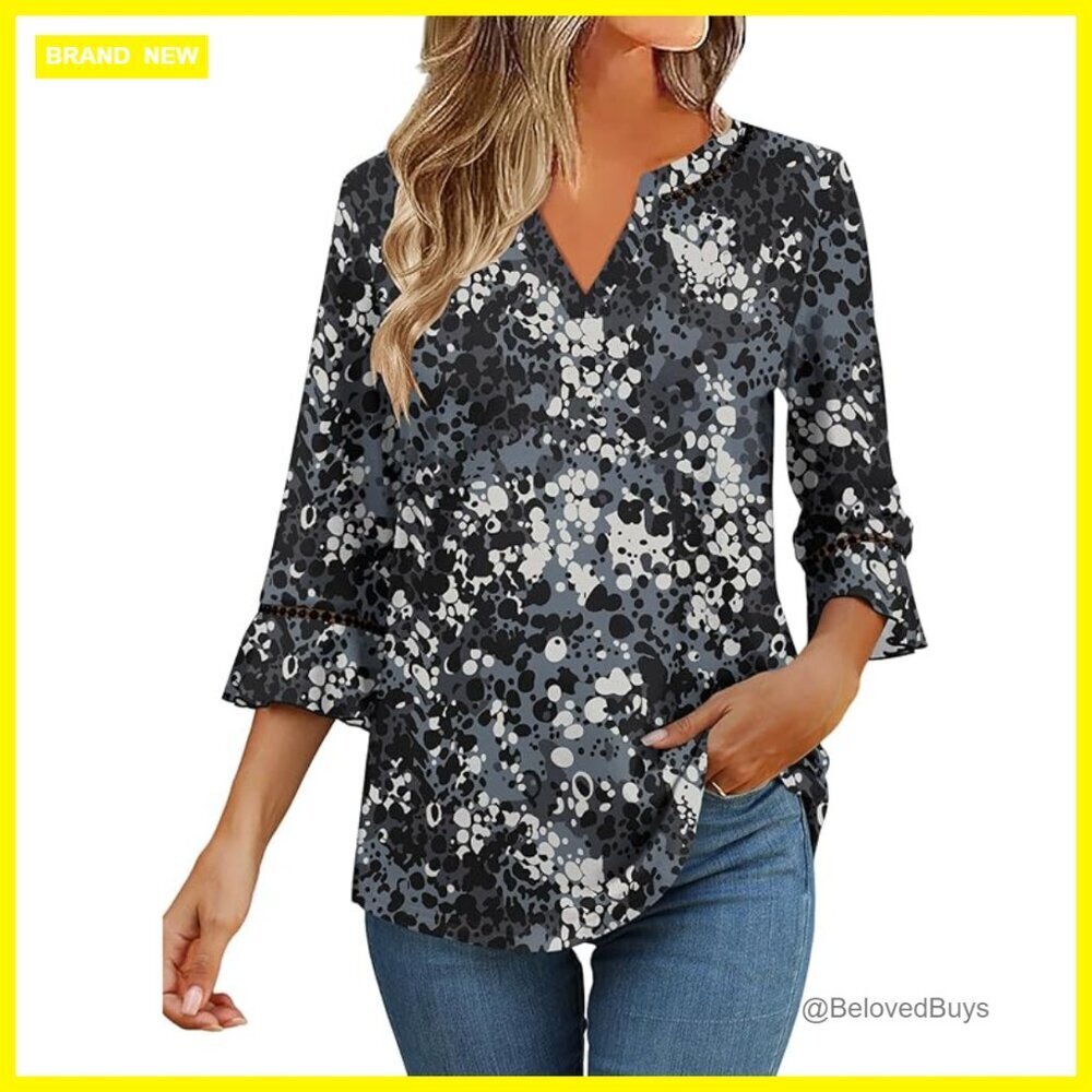 3/4 Sleeve Ruffle Blouse V-Neck Lace Tunic Dressy Casual Top